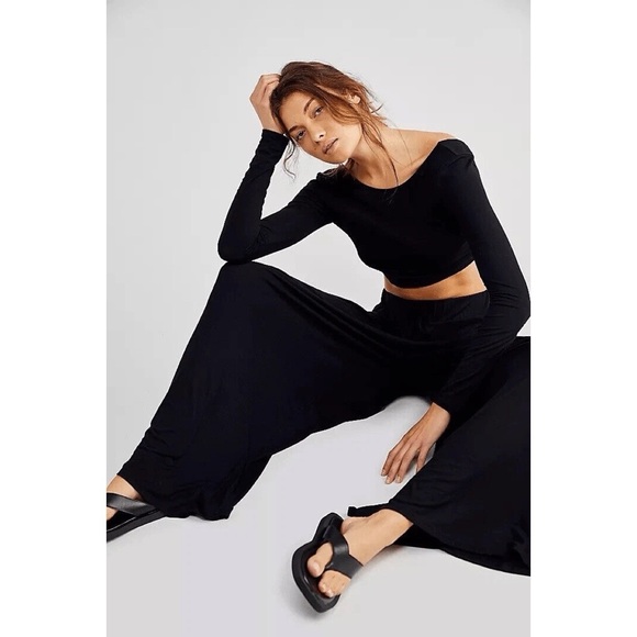 Free People • FP Beach Alia wide leg pants black flowy jersey knit palazzo - Picture 6 of 11